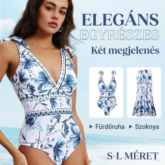 【🌊2 részes szett】V-nyakú csipkés nyomtatott egyrészes fürdőruha és szoknya