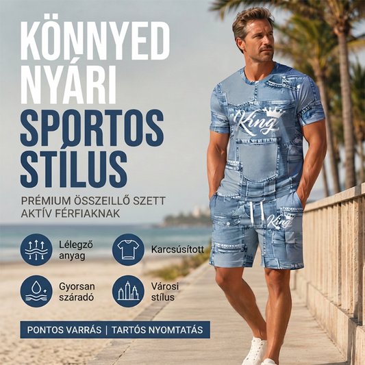 👕 Férfi farmerhatású póló és rövidnadrág szett | Könnyű, légáteresztő nyári viselet ☀️