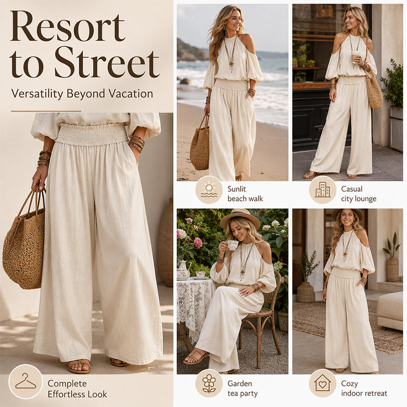 🌸 Női vállkivágásos, nyakba akasztható felső és széles szárú nadrág szett – Boho elegancia & lenvászon-szerű légáteresztő képesség ✨