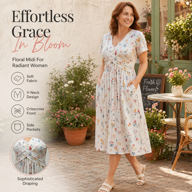 Női V-nyakú, virágmintás ruha csavart derékkal